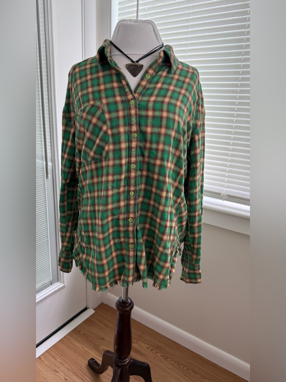 BDG Green Plaid Flannel Shirt with Brownish Red, Cream and Yellow Accents